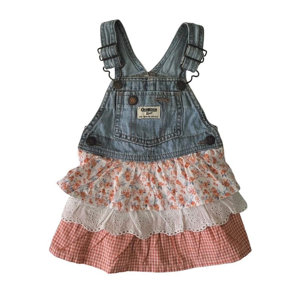 Oshkosh Girls 18M Overall Vestbak Dress Tiered Floral Eyelet Gingham Denim Jean